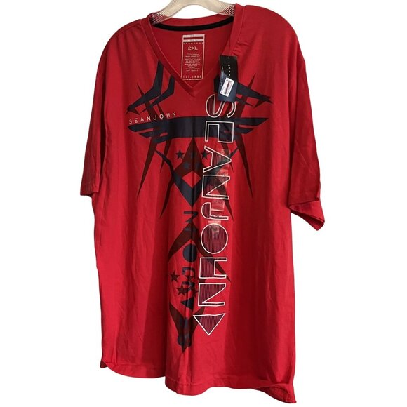 P. Diddy Sean John Red 100% Cotton 2XL Mens V Neck Logo Tshirt EST 1998 NWT - Picture 1 of 15